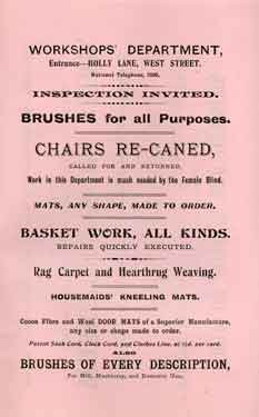Advertisement for Sheffield Institution for the Blind workshops, Nos. 53 and 55 West Street