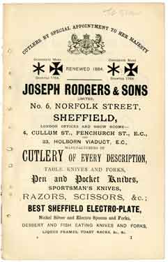 Advertisement for Joseph Rodgers and Sons Ltd., cutlers, Norfolk Street Works, No.6 Norfolk Street