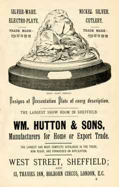 Advertisement for William Hutton and Sons, cutlery manufacturers, Hutton's Buildings, Nos.140-144 West Street