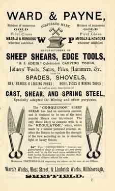 Advertisement for Ward and Payne, edge tool manufacturer, Ward's Works, West Street and Limbrick Works, Hillsborough
