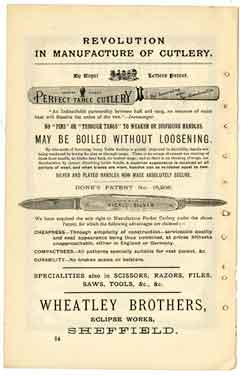 Advertisement for Wheatley Brothers, cutlery manufacturers, Eclipse Works, Nos. 53-55, Boston Street (formerly New George Street)