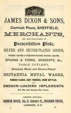 Advertisement for James Dixon and Sons, cutlery manufacturers, Cornish Place, Neepsend