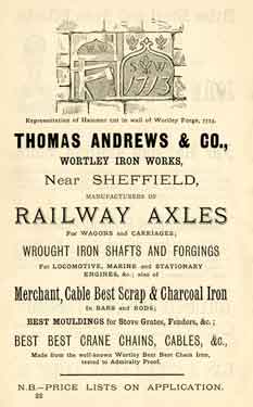 Advertisement for Thomas Andrews and Co., manufacturers of railway axles, Wortley Iron Works, Wortley