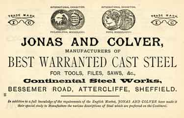 Advertisement for Jonas and Colver Ltd., steel manufacturers, Continental Steel Works, Bessemer Road, Attercliffe