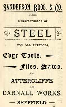 Advertisement for Sanderson Brothers and Co., steel manufacturers, Attercliffe and Darnall Steel Works