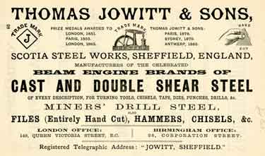 Advertisement for Thomas Jowitt and Sons, files, rasp and engineers tools manufacturer, Scotia Steel Works, Green Lane, Netherthorpe