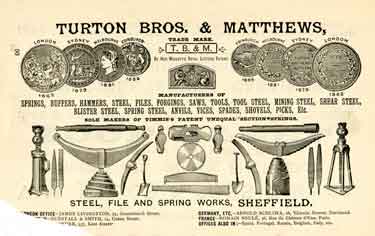 Advertisement for Turton Brothers and Matthews, coiled spring manufacturers, Steel, File and Spring Works, Burton Road, Neepsend