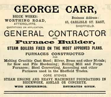 Advertisement for George Carr, general contractor / furnace builder, No.65 Carlisle Street East, Grimesthorpe