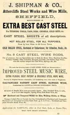 Advertisement for J. Shipman and Co., wire and steel manufacturers, Attercliffe Steel Works and Iron Mills, Attercliffe Road