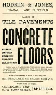 Advertisement for Hodkin and Jones, layers of tile pavements and concrete floors, Bramall Lane