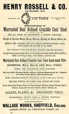 Advertisement for Henry Rossell and Co., steel manufacturers, Wallace Works, Eyre Street