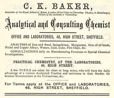 Advertisement for C. K. Baker, analytical and consulting chemist, No.46 High Street