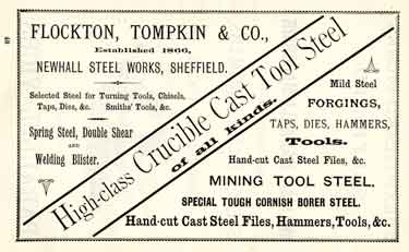 Advertisement for Flockton, Compton and Co., steel manufacturers, Newhall Steel Works, Burgess Road