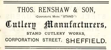 Advertisement for Thomas Renshaw and Son, cutlery manufacturers, Stand Cutlery Works, Corporation Street