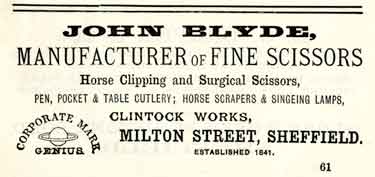Advertisement for John Blyde, scissor manufacturers, Clintock Works, Milton Street