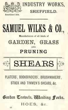 Advertisement for Samuel Wilks and Co., shear manufacturers, Industry Works, Sylvester Street