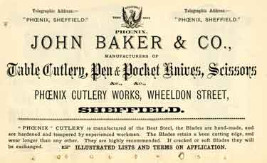 Advertisement for John Baker and Co., manufacturers of table cutlery, pen and pocket knives and scissors, Phoenix Cutlery Works, Wheeldon Street