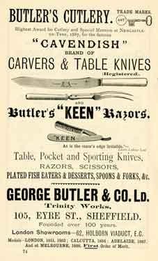 Advertisement for George Butler and Co. Ltd, cutlery manufacturers, Trinity Works, No.105 Eyre Street