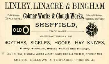 Advertisement for Linley, Linacre and Bingham, agricultural tool manufacturer, Cobnar Works and Clough Works