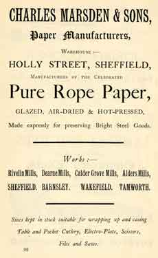Advertisement for Charles Marsden and Sons, paper manufacturers, Holly Street