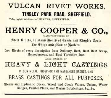 Advertisement for Henry Cooper and Co., steel rivet and castings manufacturers, Vulcan Rivet Works, Tinsley Park Road, Darnall