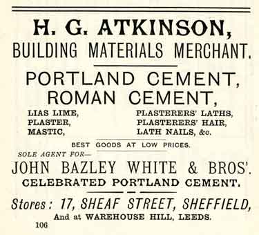 Advertisement for H. G. Atkinson, building materials merchant, No.17 Sheaf Street