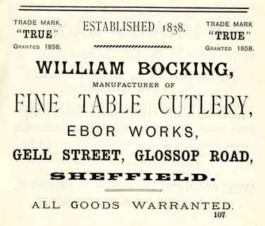 Advertisement for William Bocking, cutlery manufacturers, Ebor Works, Gell Street