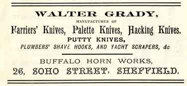 Advertisement for Walter Grady, knife manufacturers, Buffalo Horn Works, No.26 Soho Street