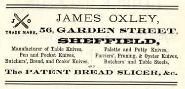 Advertisement for James Oxley, knife manufacturers, No.56 Garden Street