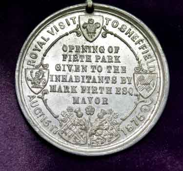 Royal visit of Prince and Princess of Wales (later Edward VII and Queen Alexandra)  to Sheffield, medal commemorating the opening of Firth Park