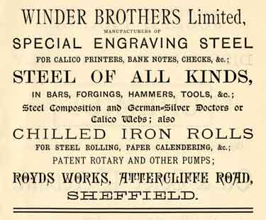 Advertisement for Winder Brothers Ltd., manufacturers of special engraving steel, Royds Works, Attercliffe Road