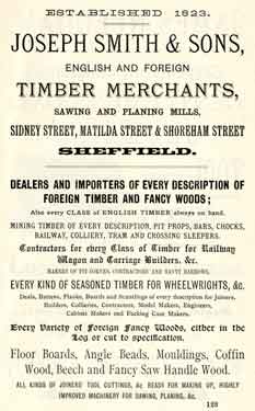 Advertisement for Joseph Smith and Sons, timber merchants, Sidney Street, Matilda Street and Shoreham Street