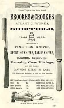 Advertisement for Brookes and Crookes, cutlery manufacturers, Atlantic Works, Upper St. Philip's Road, Netherthorpe
