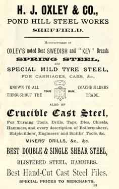 Advertisement for H. J. Oxley and Co. steel  manufacturers, Pond Hill Steel Works
