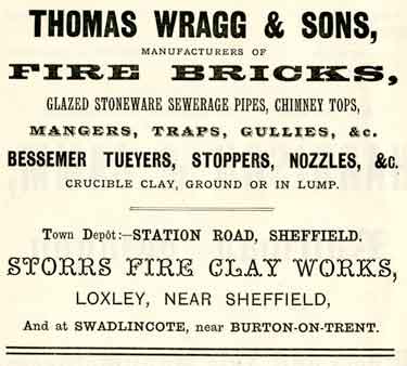 Advertisement for Thomas Wragg and Sons, fire brick manufacturers, Storrs Fire Clay Works, Loxley