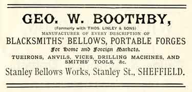 Advertisement for Geo. W Boothby, manufacturers of blacksmiths bellows and portable forges, Stanley Bellows Works, Stanley Street