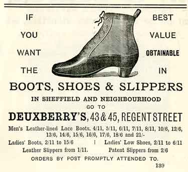 Advertisement for Deuxberry's, boots, shoes and slippers, Nos.43-45 Regent Street