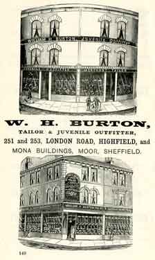 Advertisement for W. H. Burton (latterly Burton Montague Ltd), tailors, Nos.251-253 London Road and Mona Buildings, The Moor