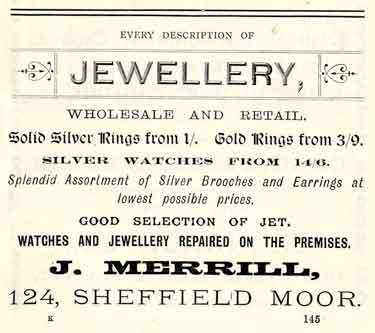 Advertisement for J. Merrill, jewellers, No.124 Sheffield Moor