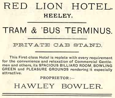 Advertisement for the Red Lion Hotel, No.653 London Road, Heeley