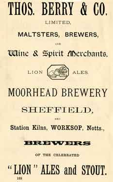 Advertisement for Thomas Berry and Co. Ltd., maltsters, brewers and wine and spirit merchants, Moorhead Brewery