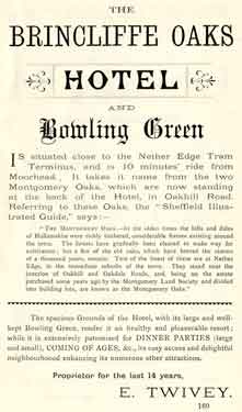 Advertisement for the Brincliffe Oaks Hotel, No 9 Oak Hill Road, Nether Edge 