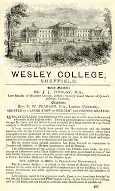 Advertisement for the Wesley College, Glossop Road, former Wesleyan Proprietary Grammar School, erected 1838. Became King Edward VII School, which opened September 1905. Formed by the amalgamation of Royal Grammar School and Wesley College 