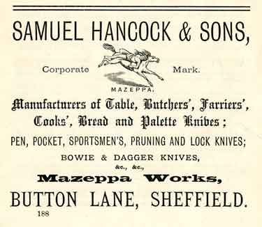 Advertisement for Samuel Hancock and Sons, Mazeppa Works, Button Lane