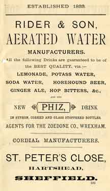 Advertisement for Rider and Son, aerated water manufacturers, St. Peters Close, Hartshead