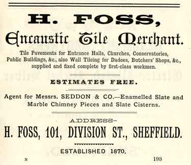 Advertisement for H. Foss, encaustic tile merchant, No.101 Division Street