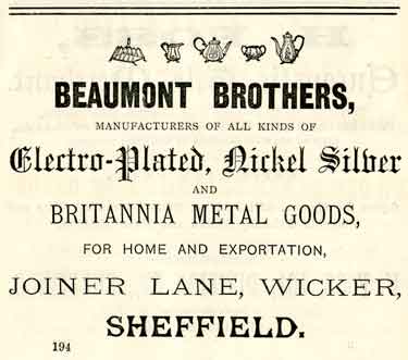 Advertisement for Beaumont Brothers, manufacturers of electro-plated and nickel silver and Britannia metal goods, Joiner Lane