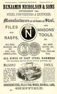 Advertisement for Benjamin Nicholson and Sons, steel converters and refiners, Shoreham Steel, File and Tool Works, Bramall Lane