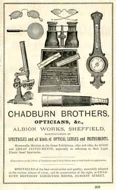 Advertisement for Chadburn Brothers, opticians, Albion Works, No.30 Nursery Street