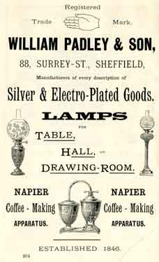 Advertisement for William Padley and Son, manufacturers of silver and electro-plated goods, No.88 Surrey Street